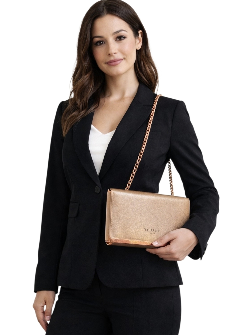 Ted Baker Natalie Rose Gold Leather Matinee Wallet Crossbody Chain Clutch EUC